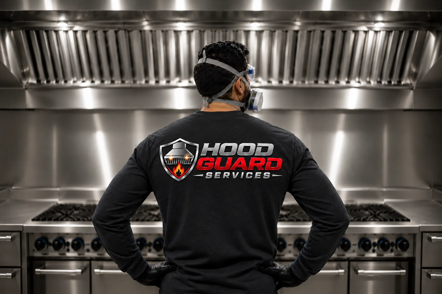 Hood Guard technician standing in front of a clean commercial kitchen hood
